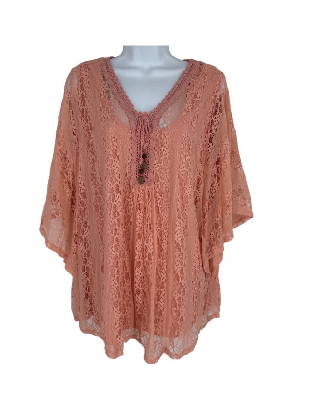 Catherines Lace Peach Top With Crochet Trim & Beaded Tie Neckline Size 1X